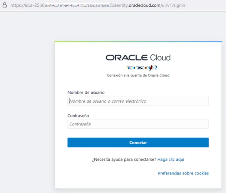 Oracle Cloud sign-in form in Spanish with username and password fields
