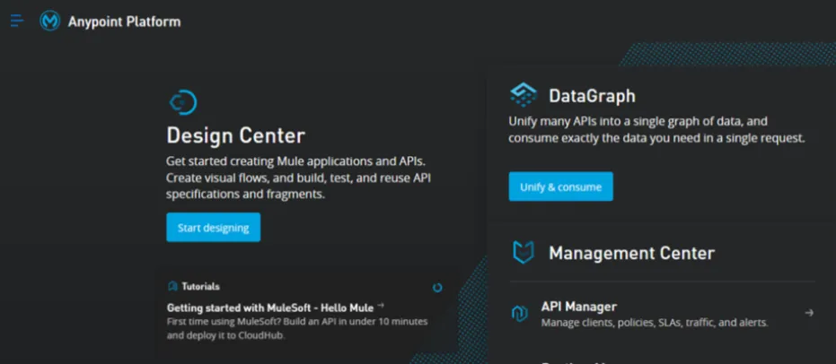 Anypoint Platform dashboard after login showing Design Center and DataGraph tiles