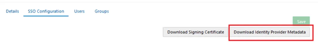 SSO Configuration tab with Download Identity Provider Metadata button highlighted