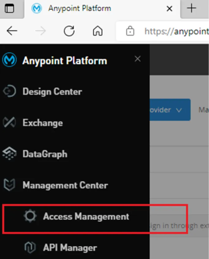 Anypoint Platform menu with Access Management highlighted