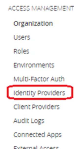Access Management sidebar with Identity Providers menu item highlighted