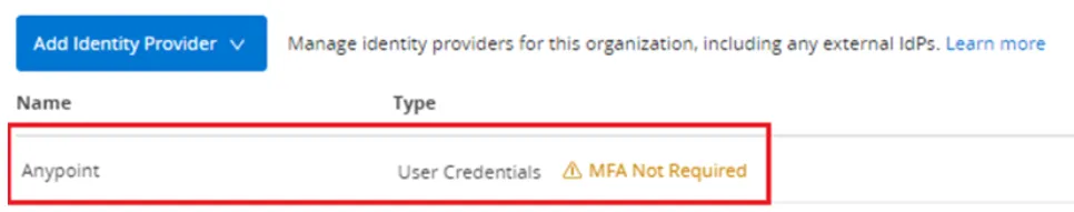 Identity Providers list showing the default Anypoint User Credentials provider