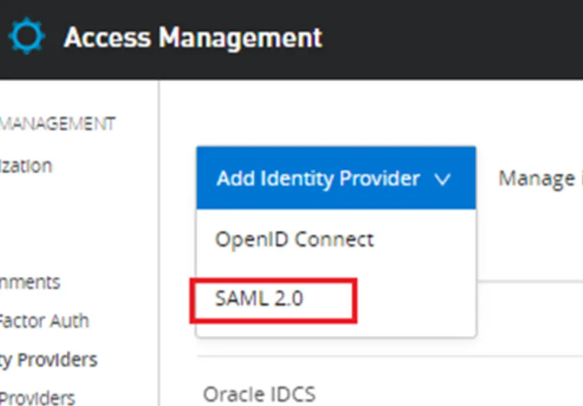 Add Identity Provider dropdown open with SAML 2.0 option highlighted