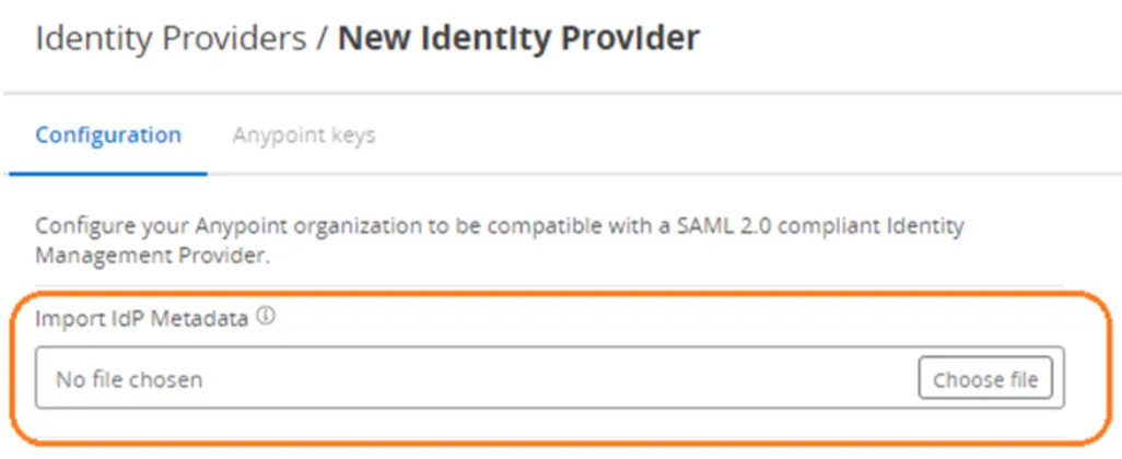 New Identity Provider page with Import IdP Metadata file chooser highlighted