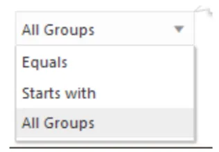 Group filter dropdown open showing Equals, Starts with, and All Groups options