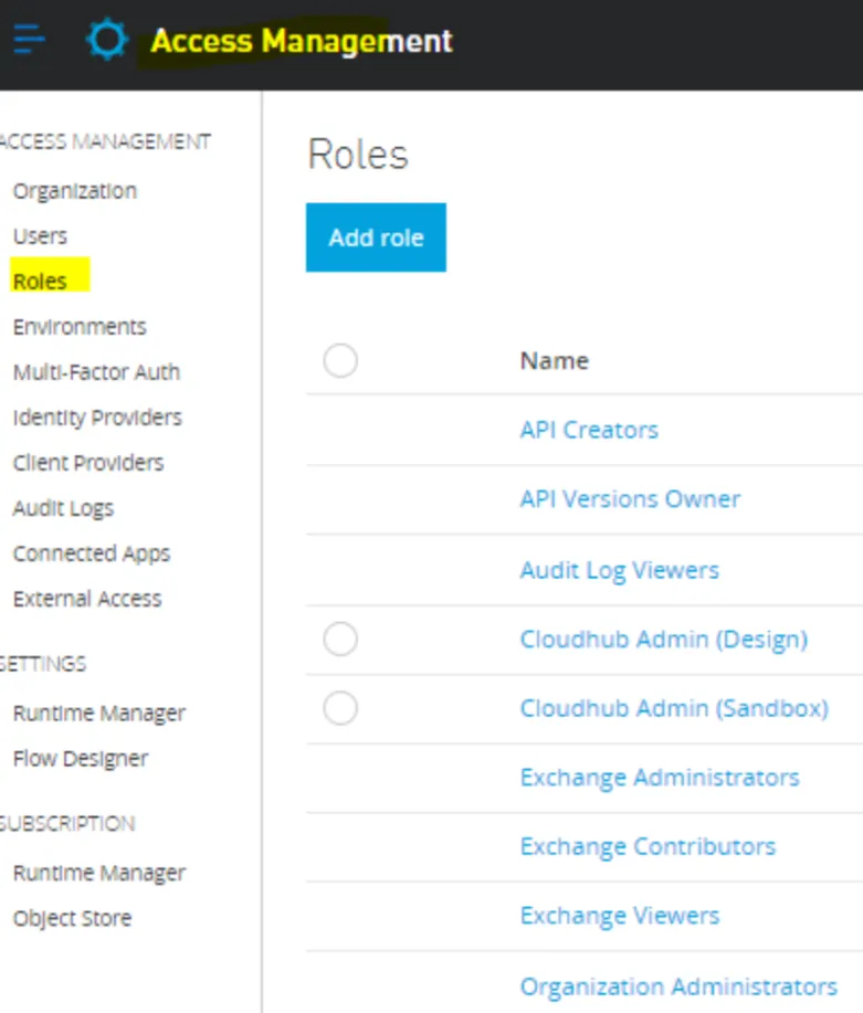 Anypoint Access Management Roles list including Cloudhub Admin (Sandbox)