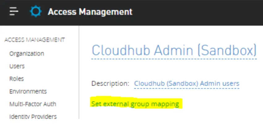 Cloudhub Admin (Sandbox) role page with the Set external group mapping link highlighted