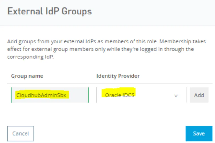 External IdP Groups dialog mapping group CloudhubAdminSbx to the Oracle IDCS provider