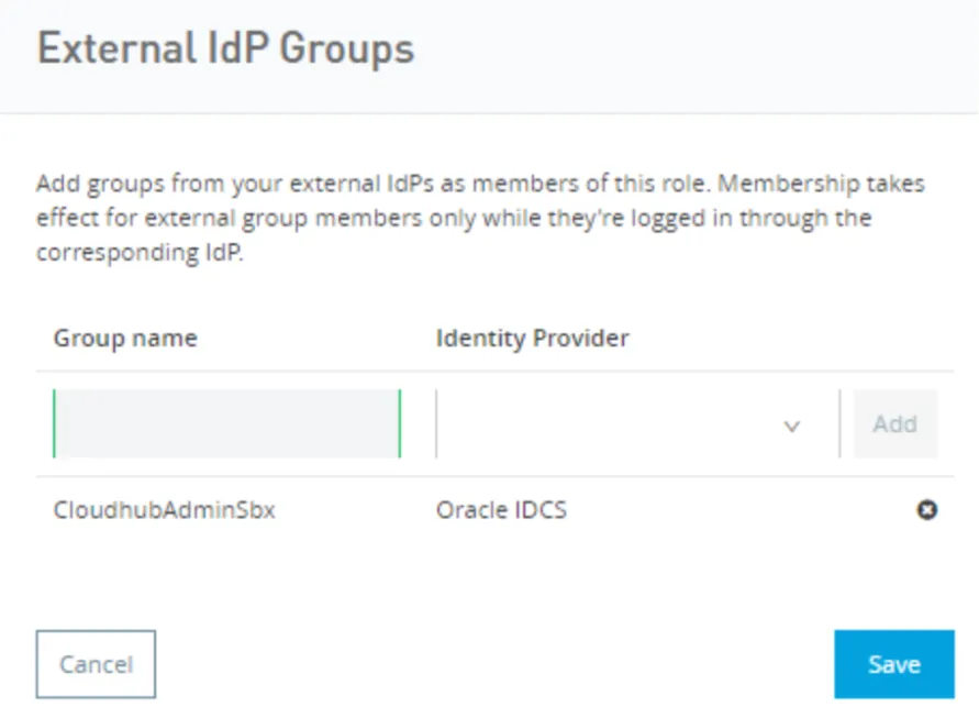 External IdP Groups dialog after the CloudhubAdminSbx Oracle IDCS mapping is added