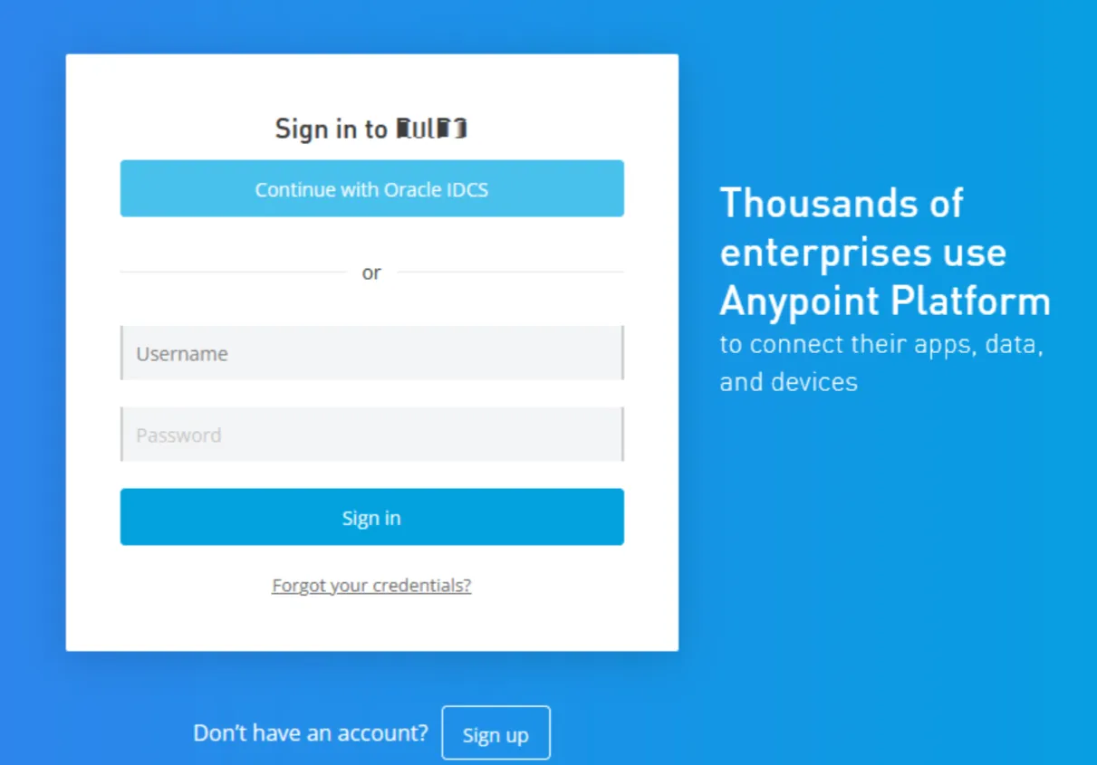 Anypoint Platform sign-in page with a "Continue with Oracle IDCS" button
