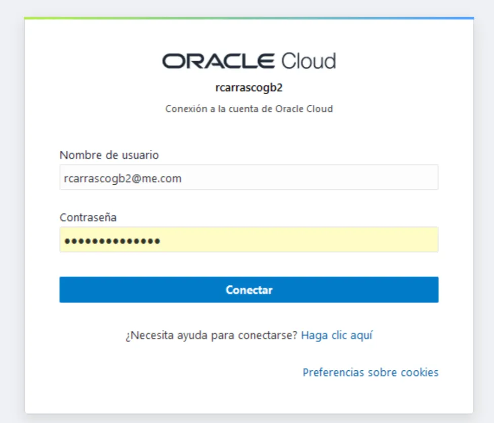 Oracle Cloud login page (in Spanish) with the user's email and password filled in