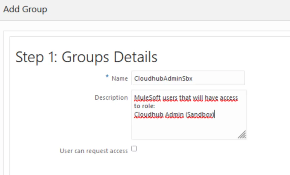 Add Group step 1 naming the group CloudhubAdminSbx with a description