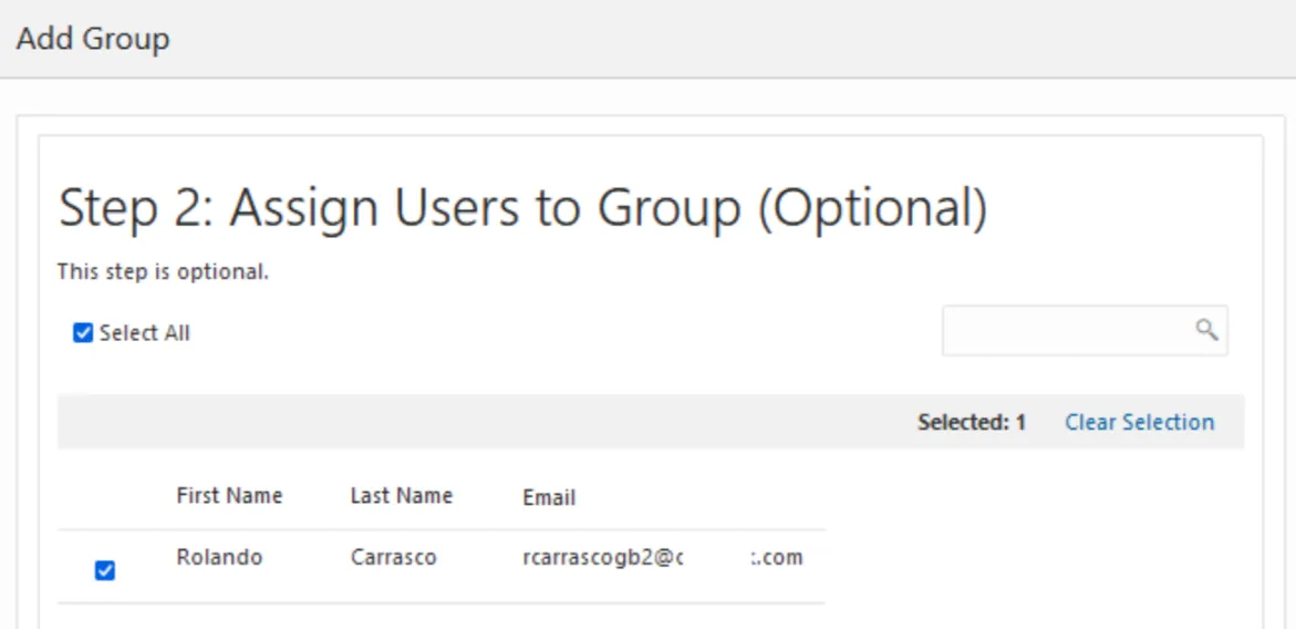 Add Group step 2 assigning the user Rolando Carrasco to the new group
