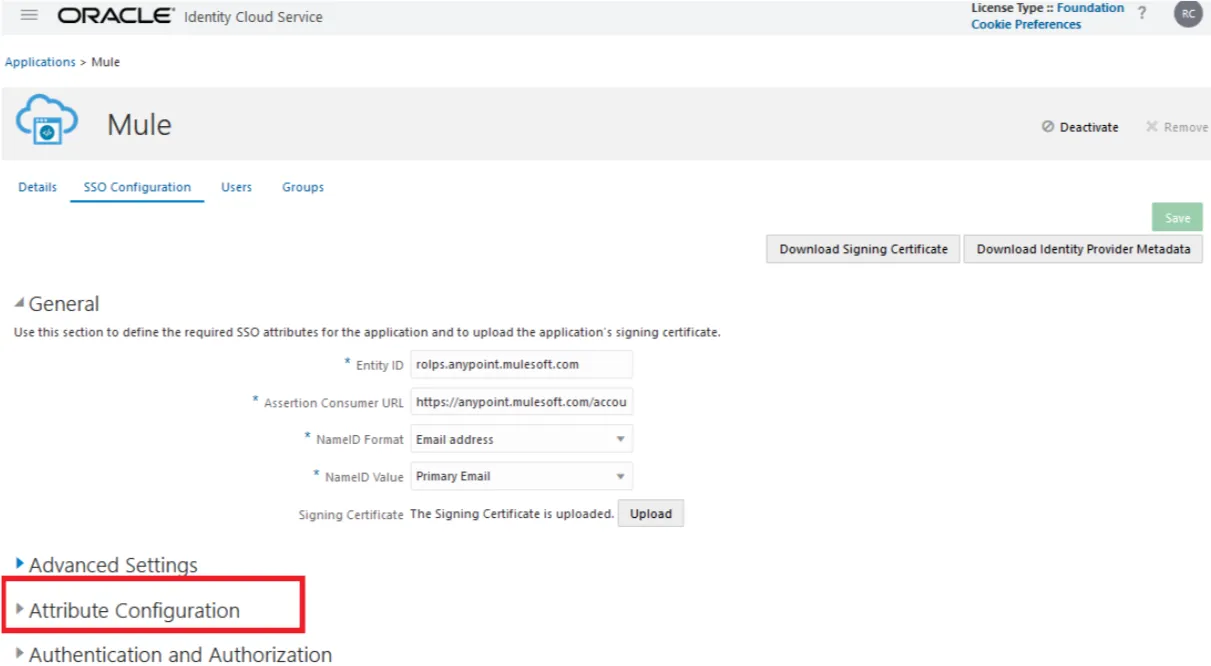 IDCS Mule application SSO Configuration page with Attribute Configuration highlighted