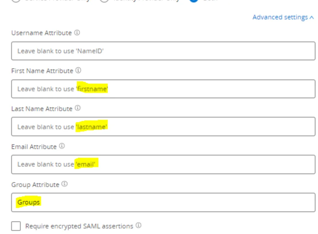 Anypoint IdP advanced settings with first name, last name, email, and group attribute fields