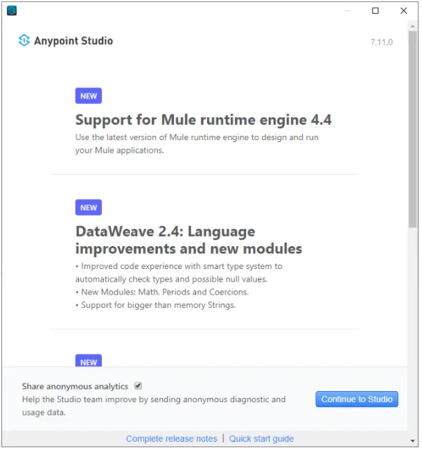 Anypoint Studio 7.11.0 welcome screen highlighting Mule 4.4 and DataWeave 2.4 as new features