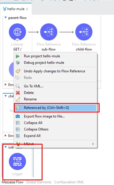 Right-click flow menu in Anypoint Studio with the "Referenced by" option highlighted