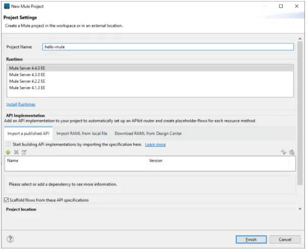 New Mule Project dialog with the Runtime list showing Mule Server 4.4.0 EE selected