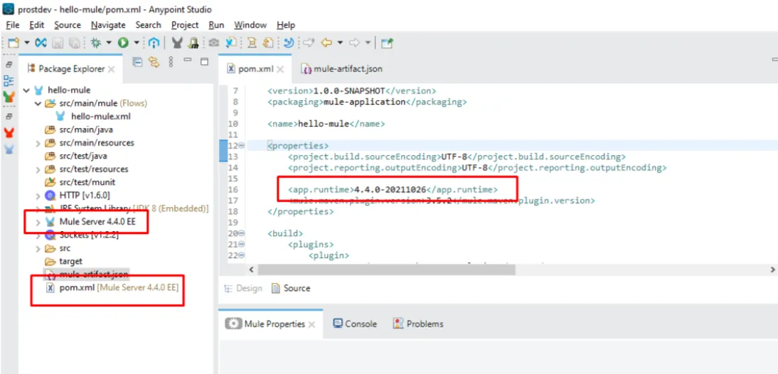 Anypoint Studio project with the pom.xml showing the app.runtime property set to 4.4.0