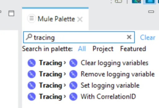 Mule Palette search for "tracing" listing the Tracing module's logging-variable operations