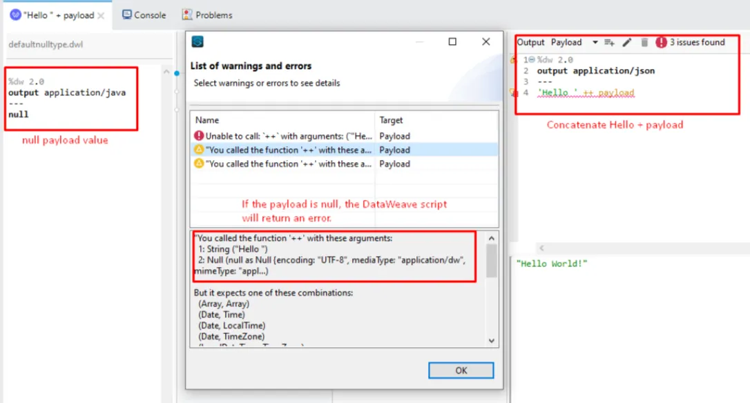 DataWeave error from concatenating "Hello " with a null payload, with the warnings dialog open