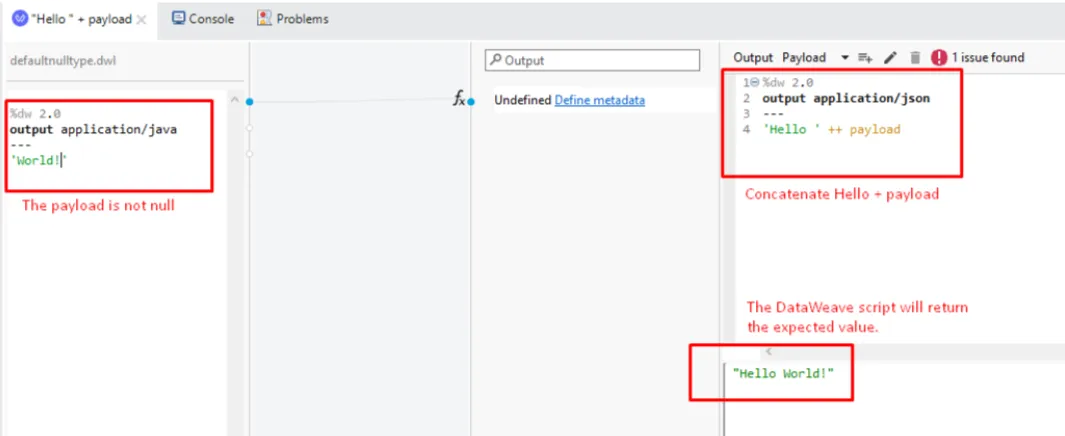 DataWeave concatenation returning "Hello World!" once the payload is no longer null