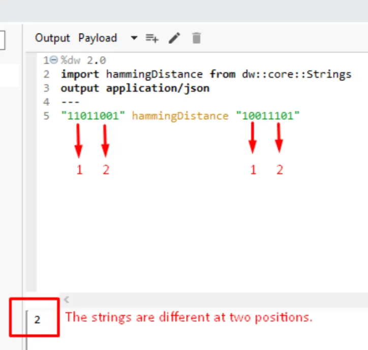 DataWeave hammingDistance comparing two 8-bit strings and returning 2 for the two differing positions