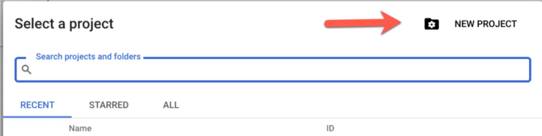 GCP "Select a project" dialog with an arrow pointing to the New Project button