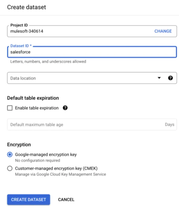 BigQuery Create dataset panel with Dataset ID set to "salesforce"
