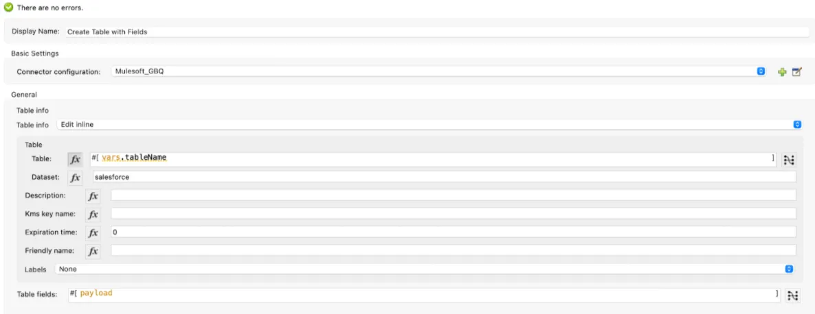 Create Table operation config with Table from a variable and Dataset set to salesforce
