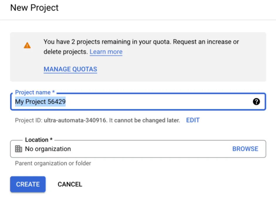 GCP New Project form with a project name field and Create button