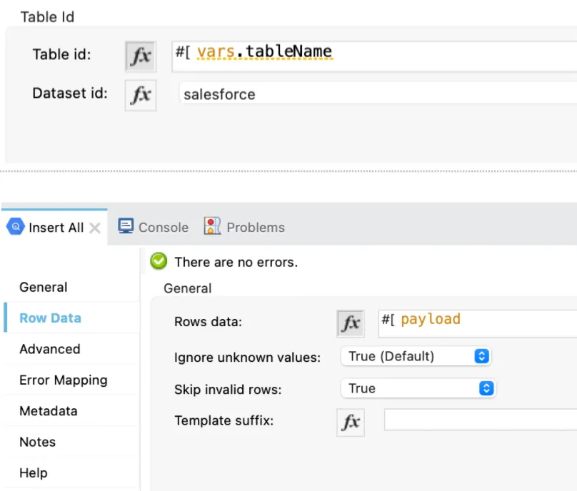 Insert All operation config with Table id from a variable and Rows data set to payload