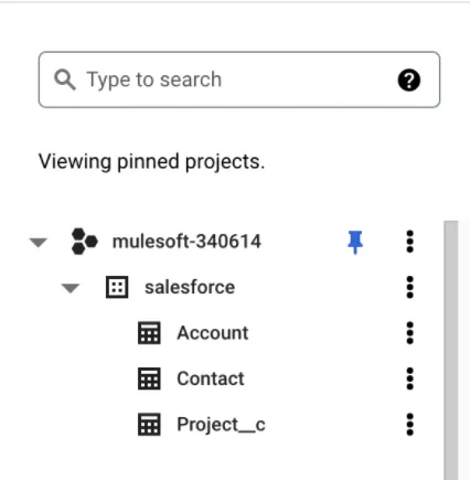 BigQuery Explorer showing the salesforce dataset with Account, Contact and Project__c tables