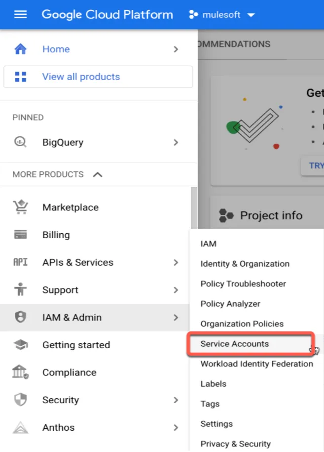 GCP left menu with IAM & Admin expanded and Service Accounts highlighted