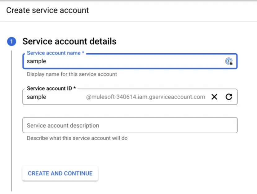 Create service account form with a name field set to "sample"
