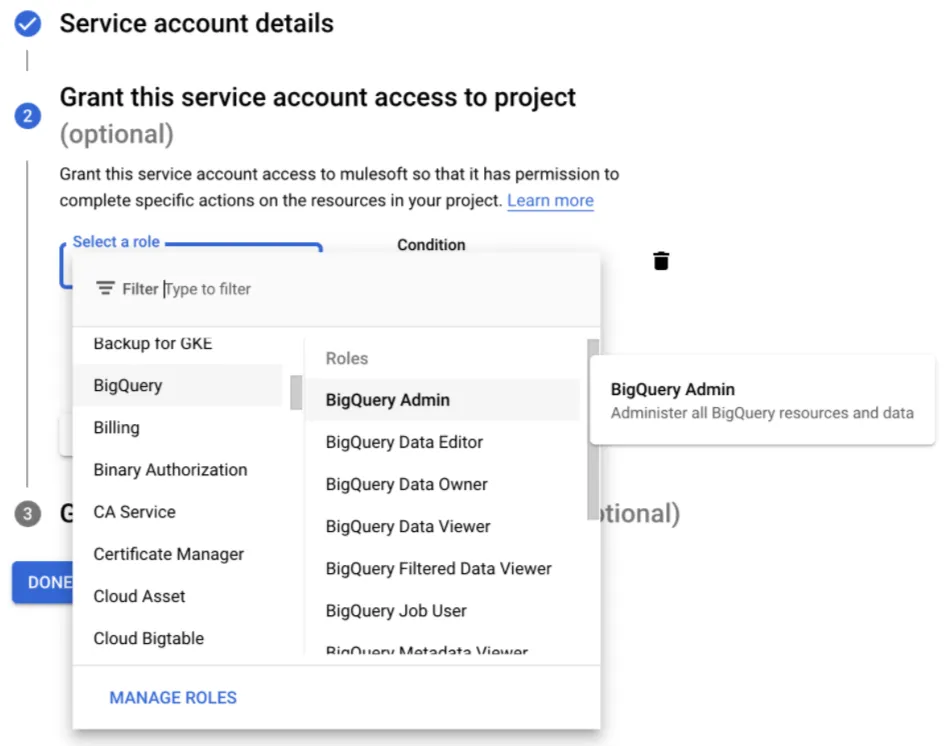Role selector dropdown with BigQuery Admin chosen for the service account
