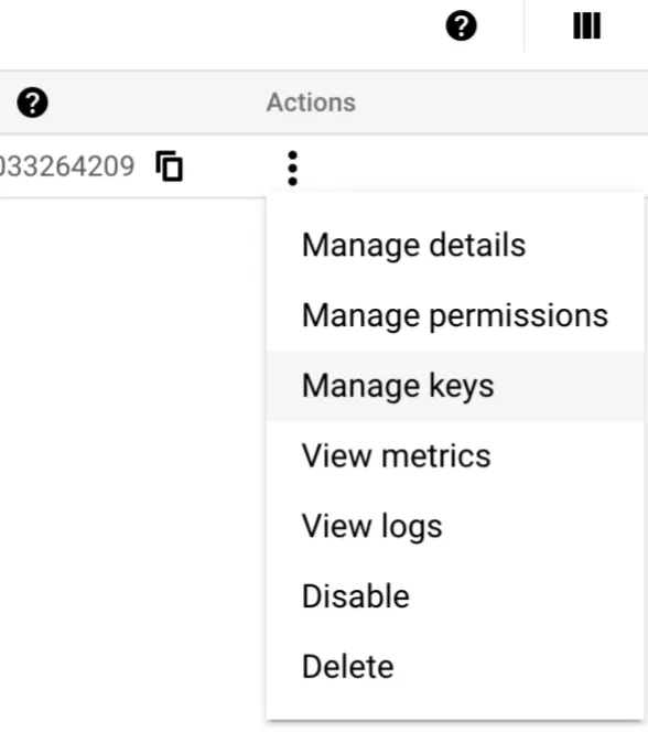 Service account three-dot Actions menu with Manage keys highlighted