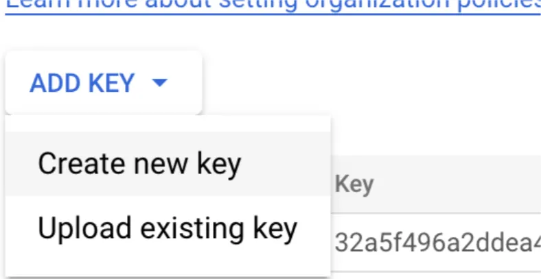 Add Key dropdown showing Create new key and Upload existing key options