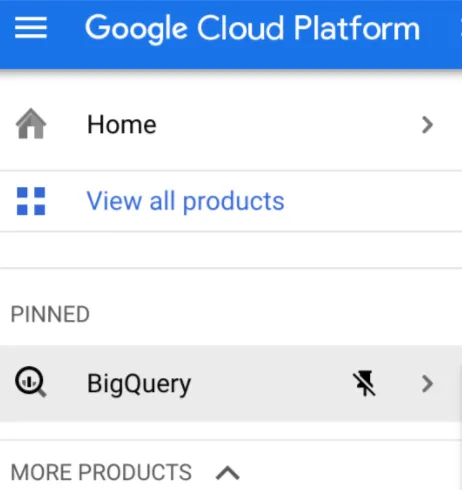 GCP navigation menu with BigQuery pinned under the Pinned section