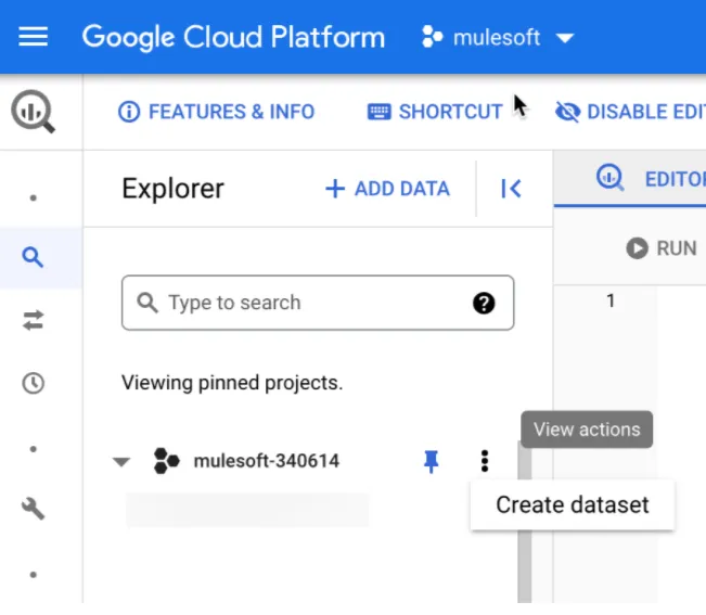 BigQuery Explorer with the project's three-dot menu showing Create dataset