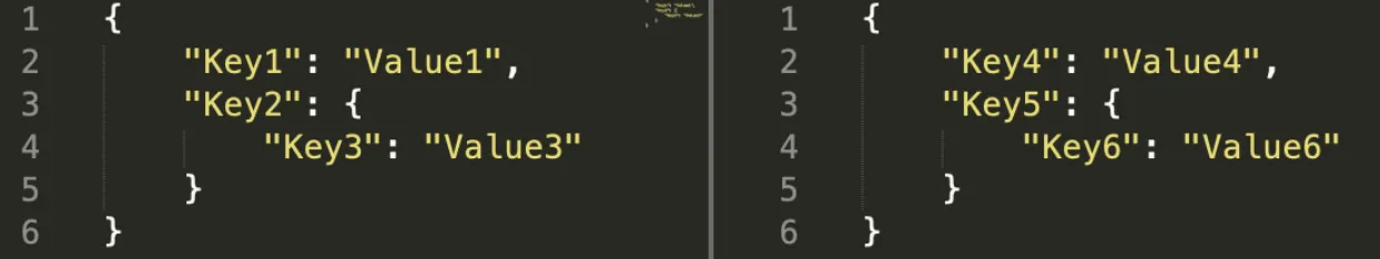 Two separate JSON objects side by side, one with Key1/Key2 and one with Key4/Key5