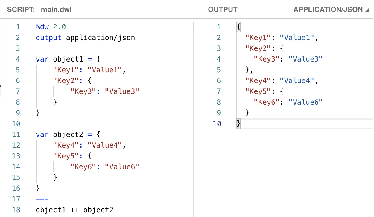DataWeave script using object1 ++ object2 and its merged JSON output