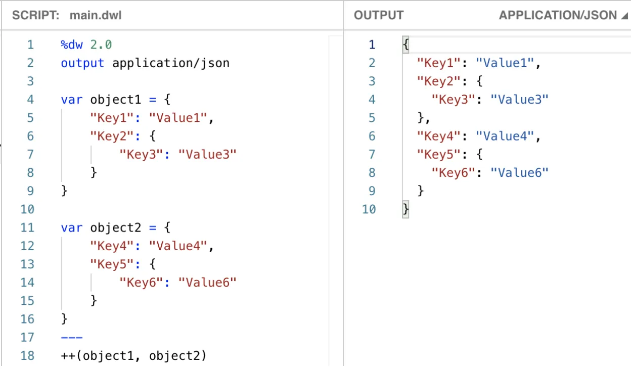 DataWeave script using prefix ++(object1, object2) syntax producing the same merged output