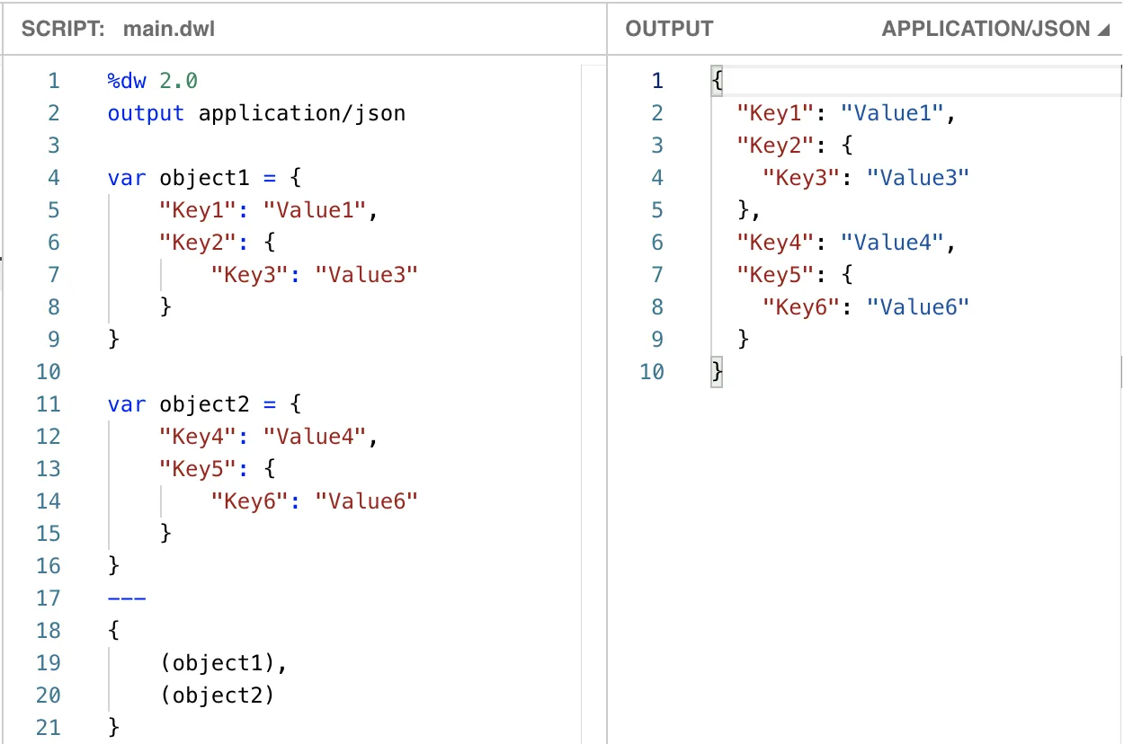 DataWeave script using the parenthesized object-destructor syntax and its merged output