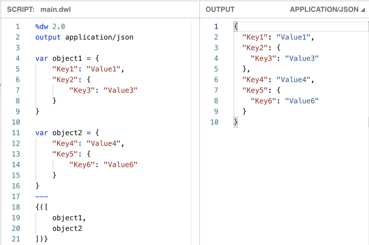 DataWeave script using the ([ object1, object2 ]) array destructor syntax with successful merged output