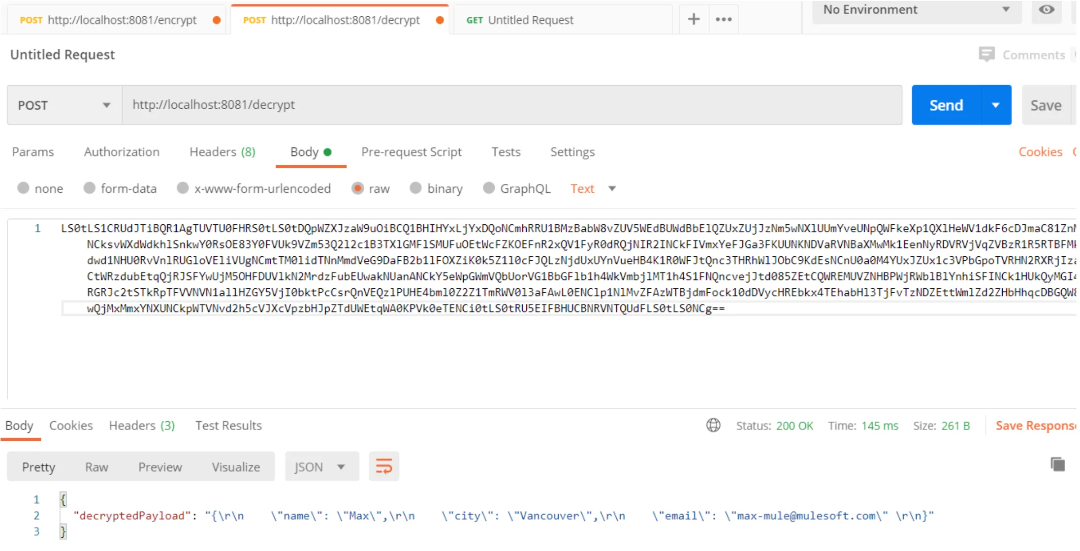 Postman POST to /decrypt returning the original JSON payload with name, city, and email