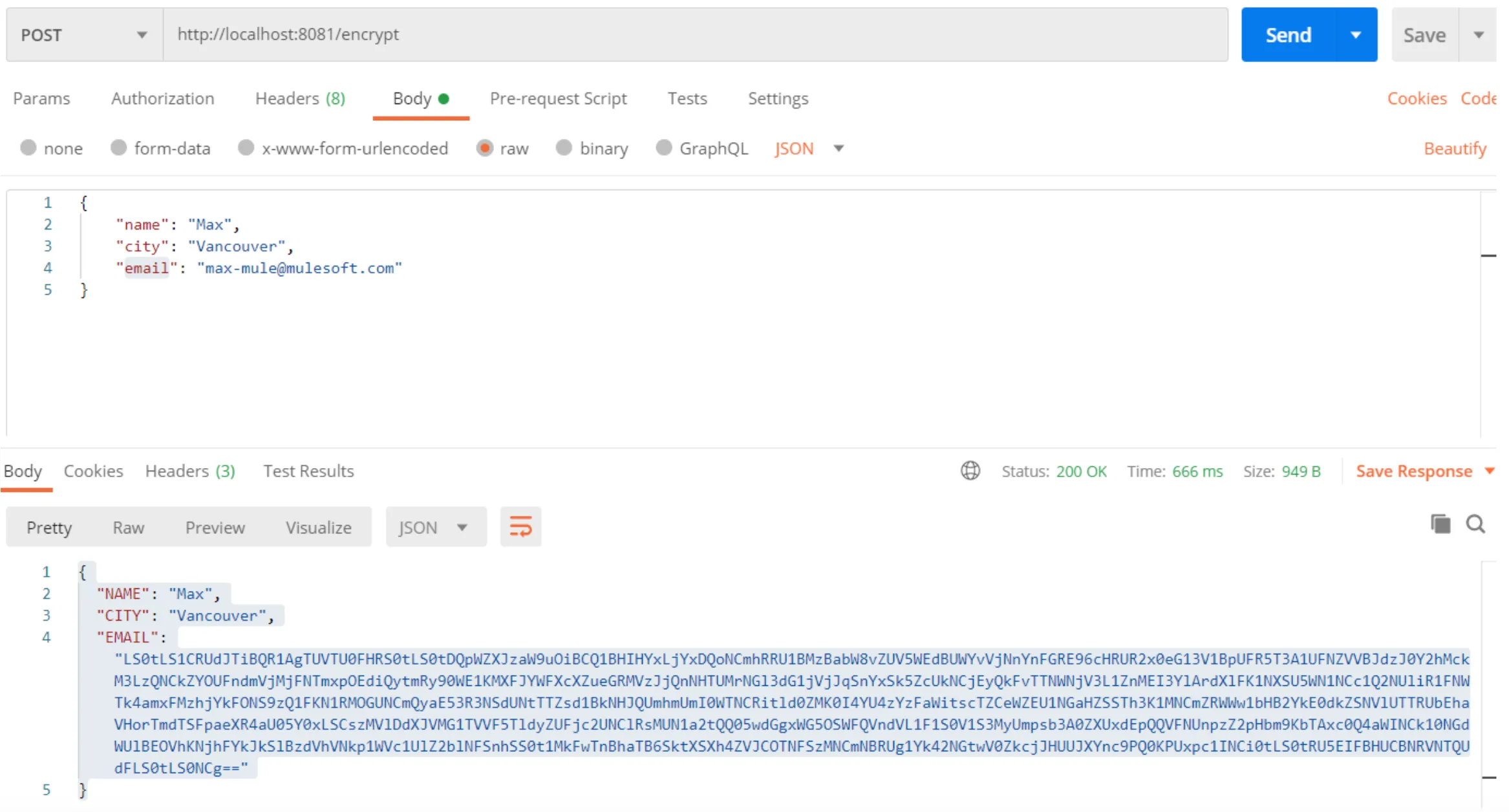 Postman POST to /encrypt returning JSON where only the EMAIL field is PGP-encrypted