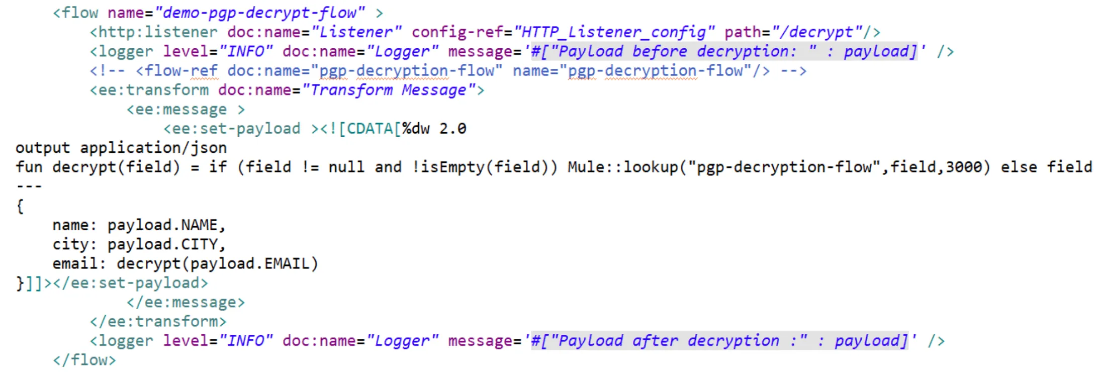 Mule XML using a DataWeave decrypt function with lookup to decrypt only the email field