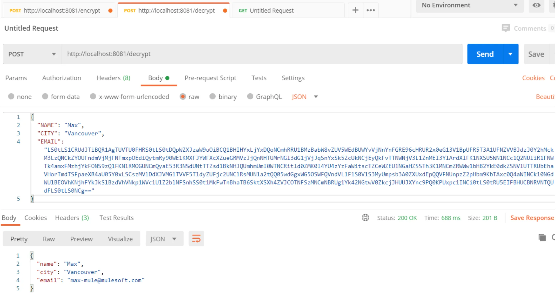 Postman POST to /decrypt returning JSON with the email field decrypted back to its original value
