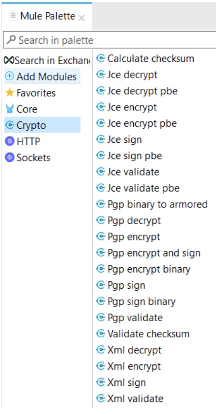 Mule Palette Crypto module listing PGP, JCE, and XML operations like Pgp encrypt and Pgp decrypt